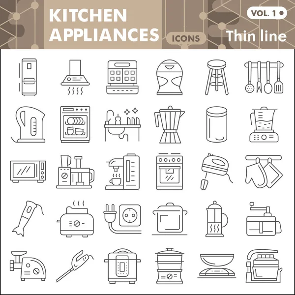Mutfak aletleri ince çizgi simgesi seti, mutfak gereçleri koleksiyonu ya da web ve uygulama için mutfak ekipmanları doğrusal tabelalar çizer. Beyaz arkaplanda izole edilmiş vektör grafikleri. — Stok Vektör