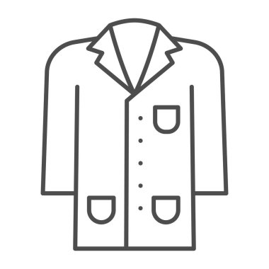 Tıbbi giysi, ince çizgi ikonu, bilim ve tıp konsepti, beyaz arka planda laboratuvar üniforması işareti, hastane personeli ve araştırmacı cübbesi ikonu cep telefonu ve internet için. Vektör grafikleri.