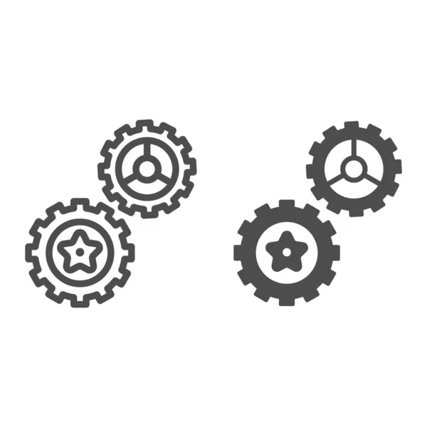 Ligne d'engrenages rotatifs et icône solide, concept technologique, panneau de mécanisme d'engrenage de roue dentée sur fond blanc, icône à deux roues dentées dans le style de contour pour concept mobile et conception Web. Graphiques vectoriels. — Image vectorielle