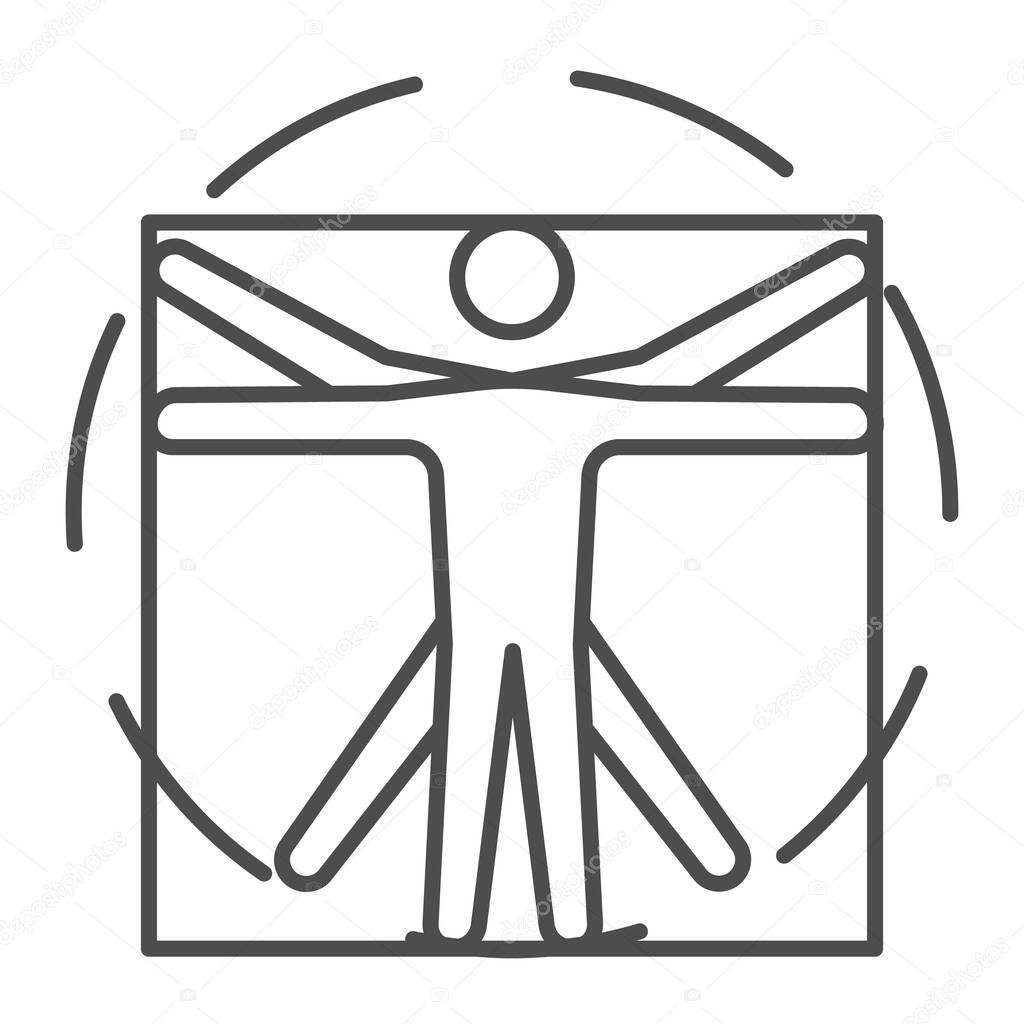 Leonardo Da Vinci Vitruvian Man thin line icon, science concept, Human body in circle and square sign on white background, classic proportion man form icon in outline style. Vector graphics.