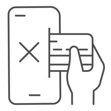 Akıllı telefon ve kredi kartı ince çizgi ikonu, ödeme sorunu kavramı, beyaz arka planda mobil ödeme iptal işareti, akıllı telefon simgesi şeklinde kart. Vektör grafikleri.