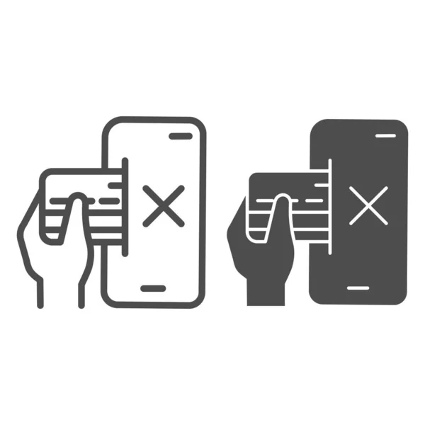 Smartphone et main avec ligne de carte de crédit et icône solide, concept de problème de paiement, le paiement mobile annulé signe sur fond blanc, Carte dans l'icône smartphone dans le style contour. Graphiques vectoriels. — Image vectorielle