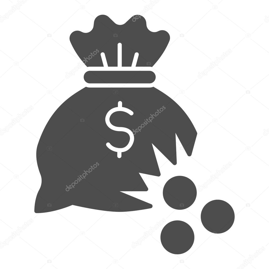 Bag of money with hole and coins solid icon, financial problem concept, leaking coins from torn money bag sign on white background, Hole in moneybag icon in glyph style. Vector graphics.