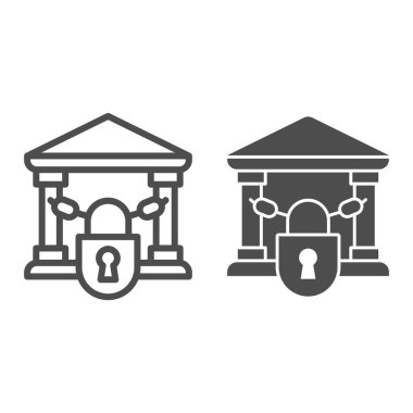 Kilit çizgisi ve sağlam ikona sahip kapalı banka, bankacılık konsepti, beyaz arka planda bina tabelasında zincirler, banka cep telefonu ve web için taslak biçimli zincir ikonu ile kilitli. Vektör grafikleri.