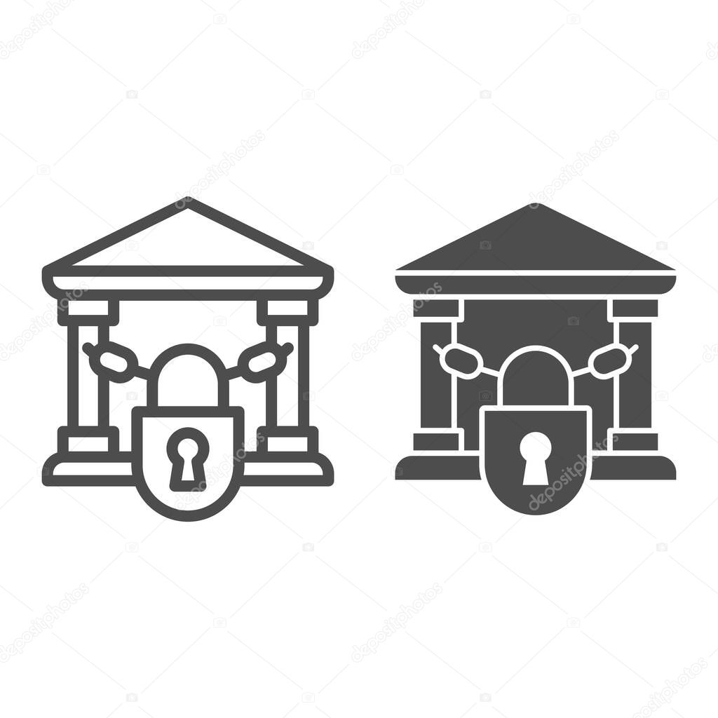 Closed bank with lock line and solid icon, Banking concept, chains in building sign on white background, bank closed on lock with chains icon in outline style for mobile and web. Vector graphics