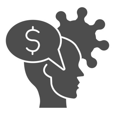 Dolar ve virüs simgesine sahip insan kafası, finansal sorunlar kavramı, beyaz arka planda para fikri işareti, kişisel zihin ve bakteri hücre simgesi şeklinde para. Vektör grafikleri.