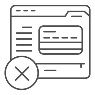 Web sitesi ve banka kartı ince çizgi simgesi, ödeme sorunu konsepti, beyaz arka planda online alışveriş tabelası, web sayfasında mobil için ana hatlar şeklinde çapraz simge olan plastik kart. Vektör grafikleri.