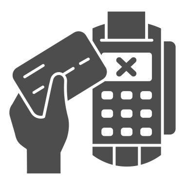 Eldeki kredi kartı ve POS terminal simgesi, ödeme sorunu konsepti, beyaz arkaplanda ödeme reddi işareti, POS terminal simgesi simgesi biçiminde iptal satın alma. Vektör grafikleri.