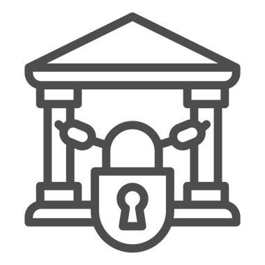 Kilit çizgisi simgesi, bankacılık konsepti, beyaz arka planda bina tabelasında zincir, banka cep telefonu ve internet için taslak biçimli zincir ikonu ile kilitli. Vektör grafikleri.