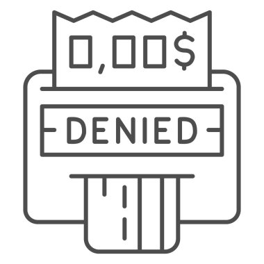 Terminalde kart ince çizgi simgesi, ödeme sorunu konsepti, beyaz arkaplan üzerinde kredi kartı işareti olan terminal, POS terminal simgesi ana hatlı iptal alımı. Vektör.