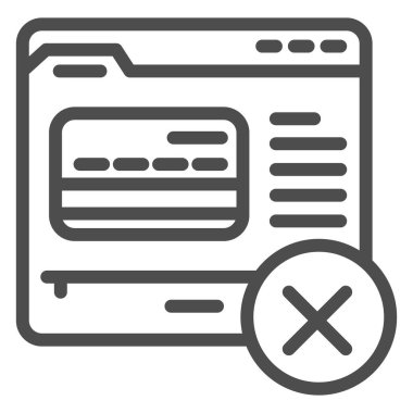 Web sitesi ve banka kartı simgesi, ödeme sorunu konsepti, beyaz arka planda online alışveriş tabelası, cep telefonu için ana hatları çizilmiş çapraz simgeli web sayfasında plastik kart. Vektör grafikleri.