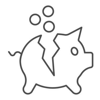 Bozuk domuz kumbarası, bozuk para çizgisi ikonu, ödeme sorunu konsepti, beyaz arka planda para kutusu tabelası, cep telefonu ve web tasarımı için para ikonu olan domuz kumbarası. Vektör grafikleri.