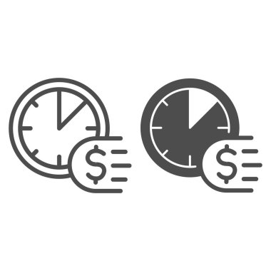 Saat ve dolar çizgisi ve sağlam ikon, ödeme sorunu kavramı, zaman beyaz arka planda para işareti, ödeme ikonu için mobil konsept ve web tasarımı için son tarih. Vektör grafikleri.
