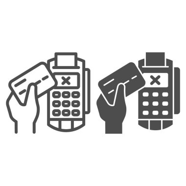 Eldeki kredi kartı ve POS terminal hattı ve sağlam ikon, ödeme sorunu konsepti, beyaz arkaplanda ödeme reddi işareti, POS terminal simgesi ana hatlarıyla iptali. Vektör grafikleri.