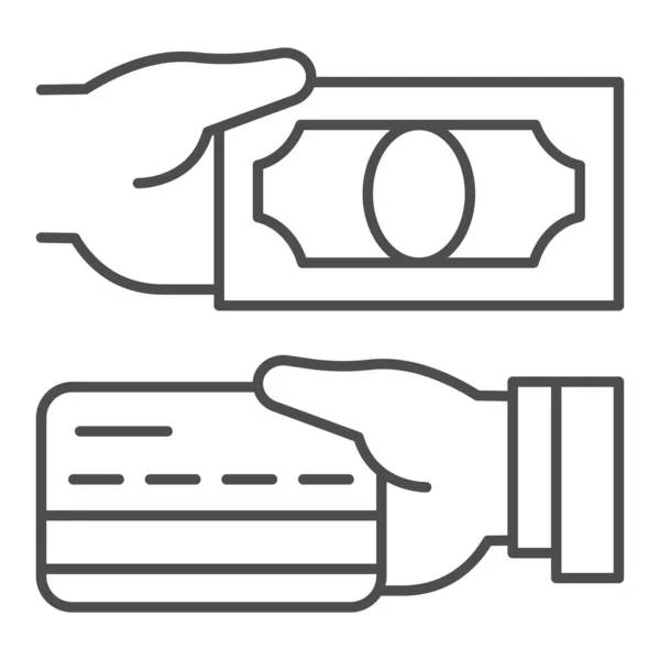 Espèces et carte bancaire dans les mains icône de ligne mince, concept de problème de paiement, les méthodes de paiement signe sur fond blanc, main avec carte de crédit et icône de trésorerie dans le style contour pour mobile. Graphiques vectoriels. — Image vectorielle