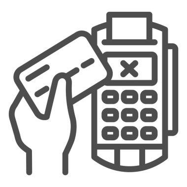 Eldeki kredi kartı ve POS terminal hattı simgesi, ödeme sorunu konsepti, beyaz arkaplanda ödeme reddi işareti, POS terminal simgesi ana hatlarıyla iptali. Vektör grafikleri.