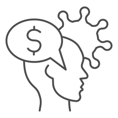 Dolar ve virüs çizgisi ikonu olan insan kafası, finans sorunları kavramı, beyaz arka planda para fikri işareti, kişisel zihin ve bakteri hücre ikonu şeklinde para. Vektör grafikleri.