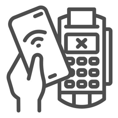 Akıllı telefon ve ödeme terminali simgesi, ödeme sorunu konsepti, beyaz arka planda cep telefonu ödeme işaretini reddetme, POS terminal simgesinde iptali ana hatlarıyla. Vektör.