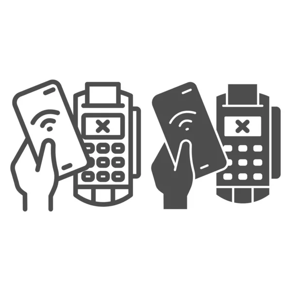 Smartphone in hand and payment terminal line and solid icon, Payment problem concept, declined mobile payment sign on white background, Cancellation purchase in POS terminal icon in outline. Vector. — Stock Vector