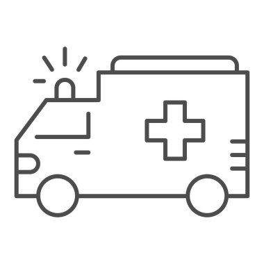 Ambulans ince çizgi simgesi, toplu taşıma konsepti, beyaz arka planda ilk yardım arabası tabelası, mobil konsept ve web tasarımı için ana hatlı ambulans arabası simgesi. Vektör grafikleri.