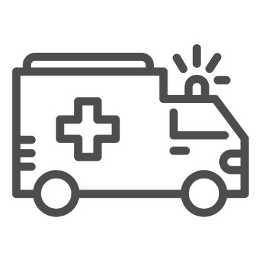 Ambulans hattı simgesi, toplu taşıma konsepti, beyaz arka planda ilk yardım arabası tabelası, mobil konsept ve web tasarımı için ana hatlı ambulans arabası simgesi. Vektör grafikleri.