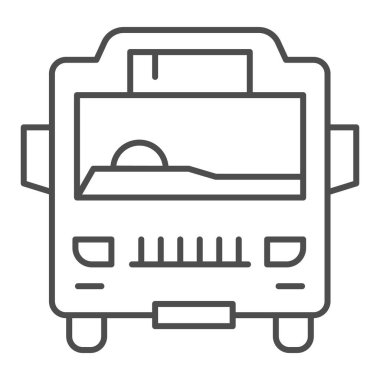 Servis otobüsü ince çizgi simgesi, toplu taşıma konsepti, beyaz arka planda otobus tabelası, mobil konsepti ve web tasarımı için ana hatlı otobüs simgesi. Vektör grafikleri.