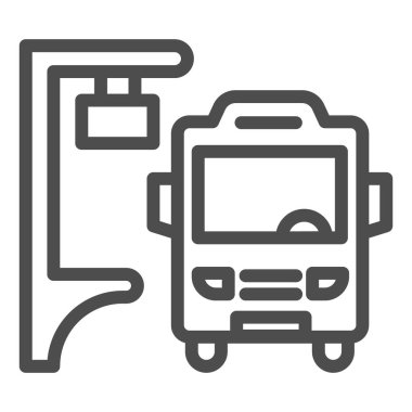 Otobüs durağı simgesi, toplu taşıma kavramı, beyaz arka planda dur işaretinde otobüs silueti, mobil konsept ve web tasarımı için otobüs durağı simgesi. Vektör grafikleri.