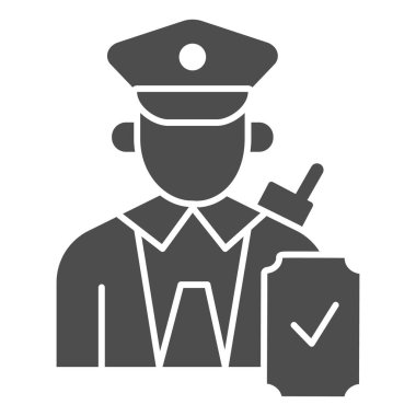 İşaretli simgesi olan üniformalı biri, toplu taşıma konsepti, beyaz arka planda demiryolu işçisi imzası, mobil tasarım için tren kondüktörü simgesi. Vektör grafikleri.