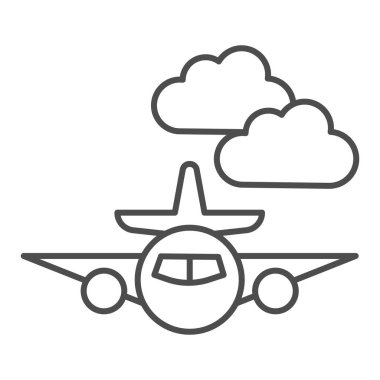 Uçak ince çizgi ikonu, toplu taşıma konsepti, bulutlardaki uçak beyaz zemin üzerinde imzası, mobil konsept ve web tasarımı için uçak sembolü. Vektör grafikleri.