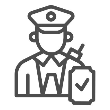 Kontrol çizgisi simgesi olan üniformalı biri, toplu taşıma konsepti, beyaz arka planda demiryolu işçisi imzası, mobil tasarım için taslak biçimli tren kondüktörü simgesi. Vektör grafikleri.