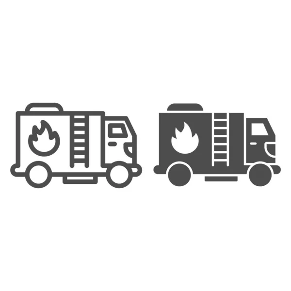 Linea del camion dei pompieri e icona solida, concetto di trasporto pubblico, segno del camion dei pompieri su sfondo bianco, icona del motore antincendio in stile contorno per il concetto mobile e il web design. Grafica vettoriale. — Vettoriale Stock