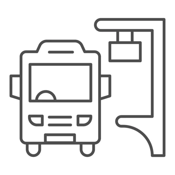 Bushalte dunne lijn pictogram, Openbaar vervoer concept, Silhouet van de bus bij de halte teken op witte achtergrond, Busstation pictogram in grote lijnen voor mobiele concept en web design. vectorgrafieken. — Stockvector