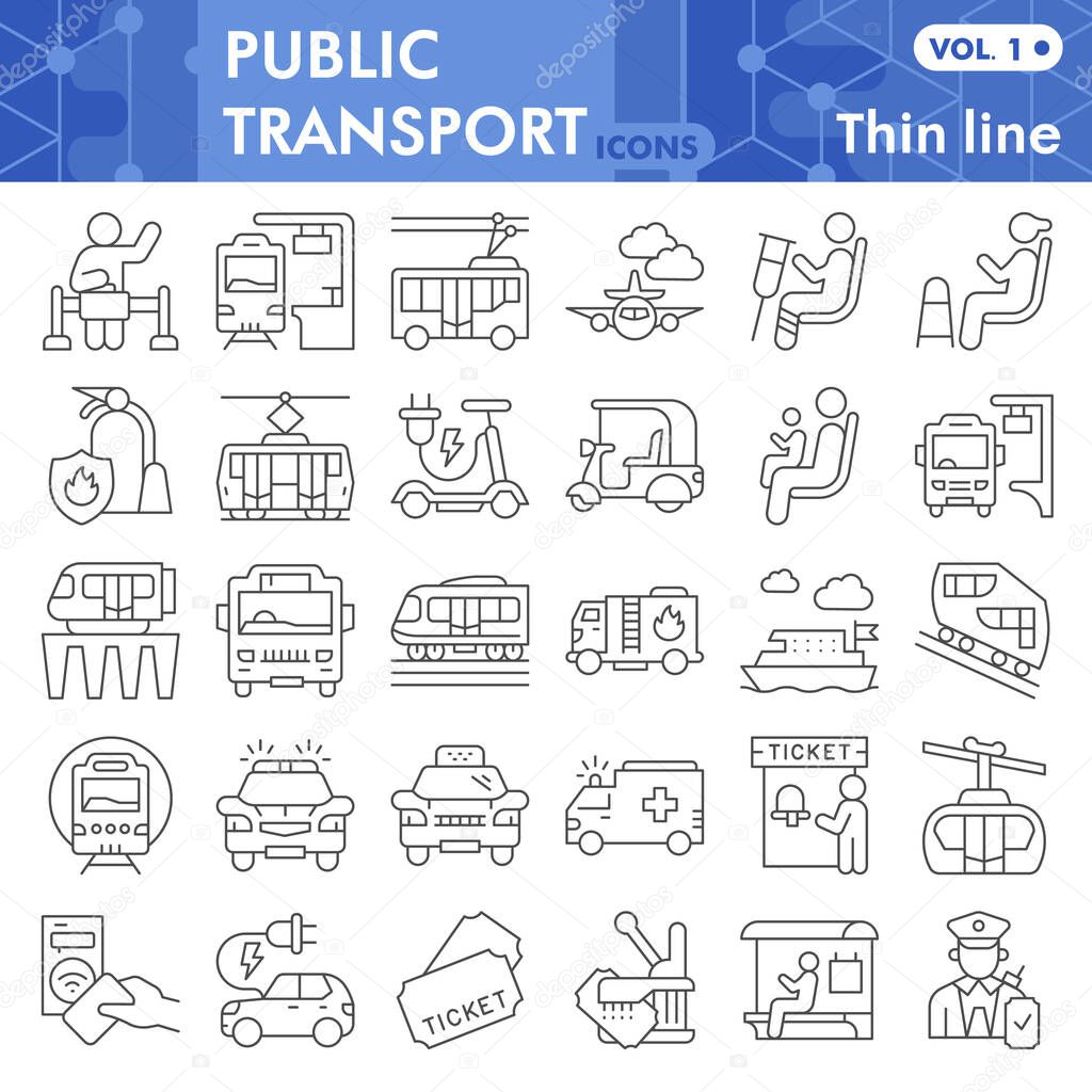 Public transport thin line icon set, Traffic symbols collection or sketches. Passenger and public transportation linear style signs for web and app. Vector graphics isolated on white background.