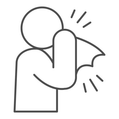 Soğuk ince çizgi ikonu olan bir adam, hijyen konsepti, beyaz arka planda doku işaretine hapşıran bir adam, cep telefonu ve ağ için ana hatlı bir doku ikonu ile ağzını kapatan adam. Vektör grafikleri.