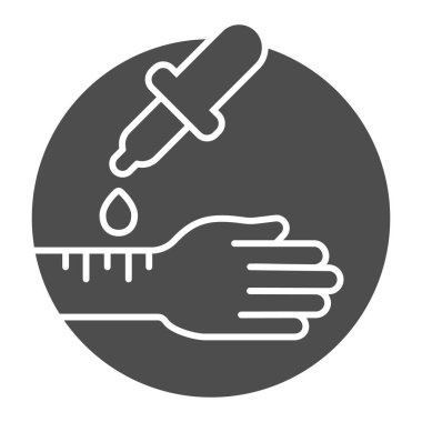 Pipette katı ikon, alerji konsepti, beyaz zemin üzerinde alerji testi işareti, mobil konsept ve web tasarımı için glifli el ve pipetli pipo. Vektör grafikleri.