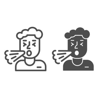 Öksürük çizgisi, katı ikon, alerji konsepti, beyaz arka planda öksürük işareti, taşınabilir konsept ve web tasarımı için ana hatlarda soğuk veya alerji ikonu belirtileri gösteren hasta. Vektör grafikleri.