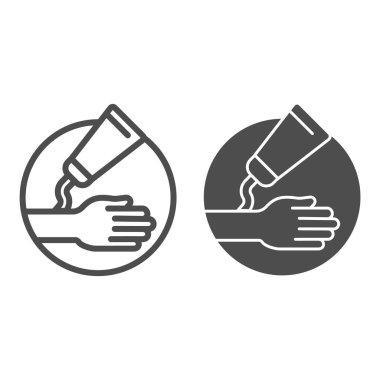 Merhem ve el çizgisi ve katı ikon, Sağlık ve Tıbbi konsept, beyaz arka planda hipoalerjenik krem işareti, mobil tasarım için taslak şeklinde el ikonu üzerine krem sürmek. Vektör grafikleri.