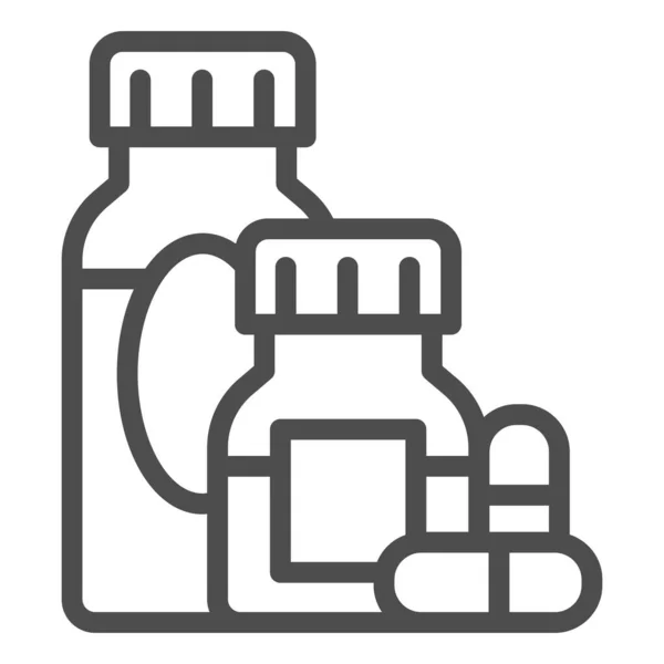 Léky a kapsle linka ikona, Alergie koncept, Alergie léčba znamení na bílém pozadí, Léky láhve a pilulky ikony ve stylu osnovy pro mobilní a web design. Vektorová grafika. — Stockový vektor
