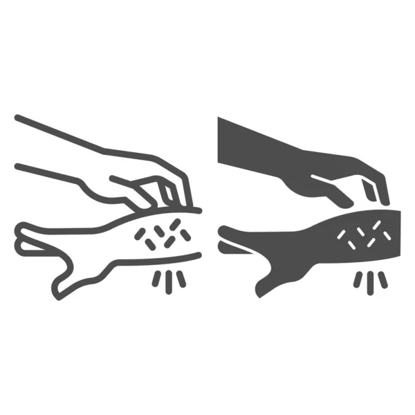 Allergic hand scabies line and solid icon, Allergy concept, Rash hand sign on white background, one hand scratches other because of allergies icon in outline style for mobile and web. Vector graphics. — Stock Vector