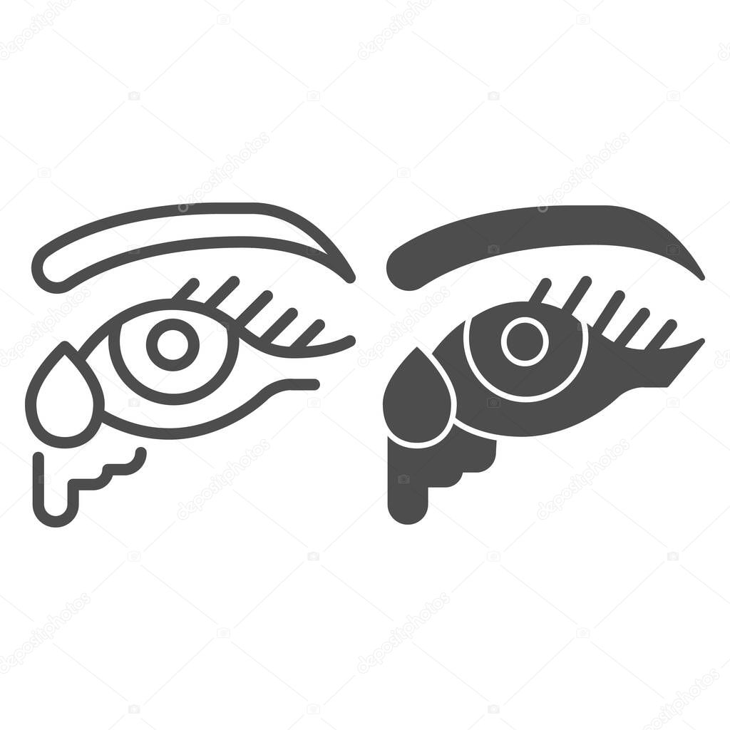 Eye lacrimation line and solid icon, Allergy symptoms concept, excessive watering of the eyes sign on white background, Tear in eye icon in outline style for mobile and web design. Vector graphics