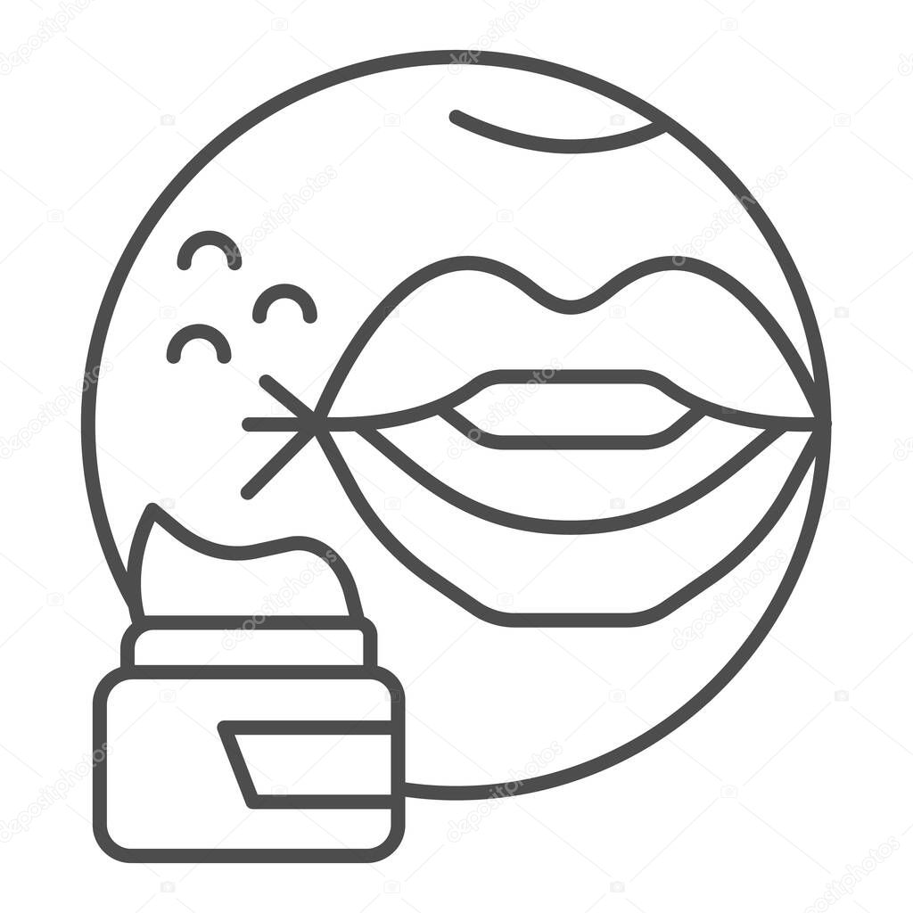 Lips with rash and ointment thin line icon, Allergy concept, Herpes sign on white background, Rash on face and ointment icon in outline style for mobile concept and web design. Vector graphics.