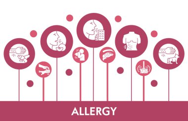 Simgeli Modern Alerji Infographic tasarım şablonu. Beyaz arka planda Alerjen Infographic görselleştirme. Sunum için alerji türleri şablonu. Infographic için yaratıcı vektör illüstrasyonu.
