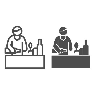 Bar masasında barmen ve sağlam bir ikon, Craft bira konsepti, beyaz arka planda barmen imzası, bar tezgâhı ve mobil konsept ve web tasarımı için tasarım tarzında bar ikonu olan kişi. Vektör grafikleri.
