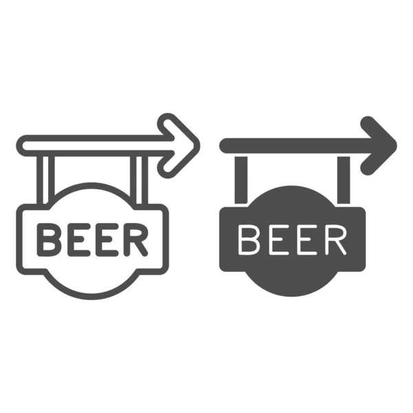 ビールの看板ラインとソリッドアイコン、クラフトビールのコンセプト、白い背景にパブの看板のための通りのバナーをぶら下げて、モバイル、ウェブのアウトラインスタイルで矢印とテキストビールのアイコンで署名します。ベクトルグラフィックス. — ストックベクタ