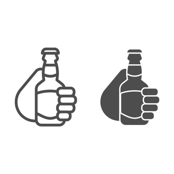 Bouteille de bière à la main et icône solide, concept de bière artisanale, main avec panneau de bouteille sur fond blanc, bras tenant icône de bouteille de bière dans le style de contour pour la conception mobile et web. Graphiques vectoriels. — Image vectorielle