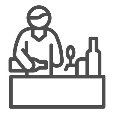 Bardaki barmen masa başı ikonu, Craft bira konsepti, beyaz arka planda barmen imzası, bar tezgahı ve mobil konsept ve web tasarımı için tasarım tarzında bar ikonu olan kişi. Vektör grafikleri.