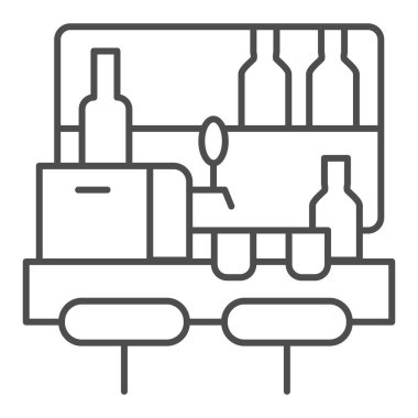 Şişeli, cam ve ince çizgi ikonlu bar masası, el işi bira konsepti, beyaz arka planda bar tezgahı tabelası, mobil konsept için barın iç simgesi, web tasarımı. Vektör grafikleri.