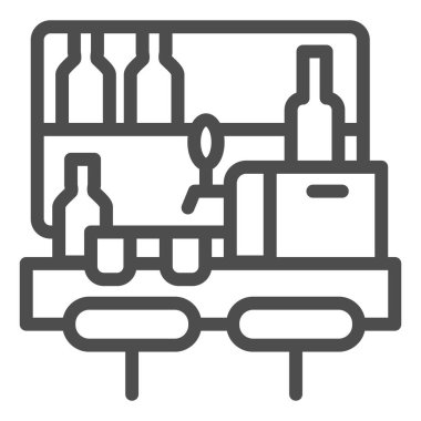 Şişeli bar masası, cam ve musluk hattı ikonu, zanaat bira konsepti, beyaz arka planda bar tezgahı tabelası, mobil konsept için barın iç simgesi, web tasarımı. Vektör grafikleri.