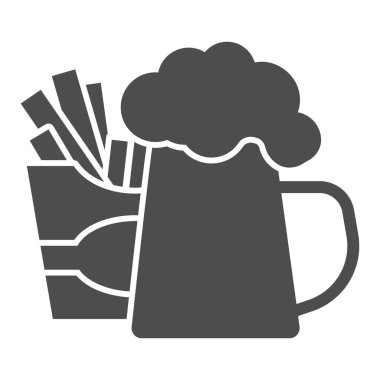 Kızarmış patates ve bir kupa bira katı ikonu, el yapımı bira kavramı, beyaz arka planda fast food tabelası, mobil konsept için bira ve patates kızartması ikonu, web tasarımı. Vektör grafikleri.
