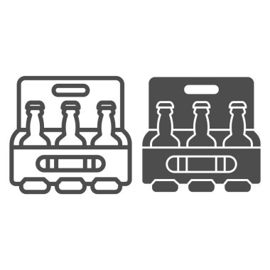 Bir kutu bira hattı ve katı ikon, içecek konsepti, beyaz arka planda üç şişe işareti olan bira kutusu, mobil konsept için ana hatlı şişe ikonu paketi, web tasarımı. Vektör grafikleri.